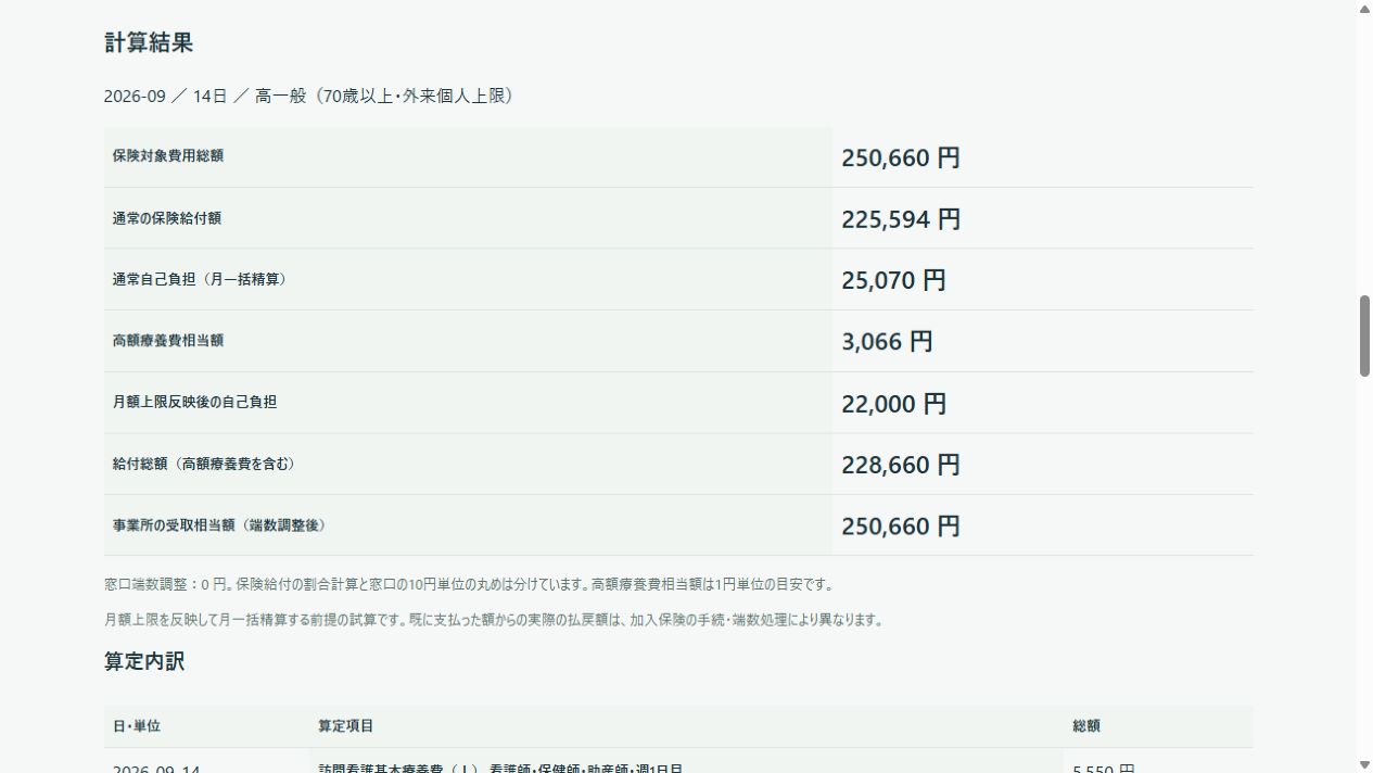 通常自己負担と高額療養費を分けて表示する医療訪問看護の試算結果
