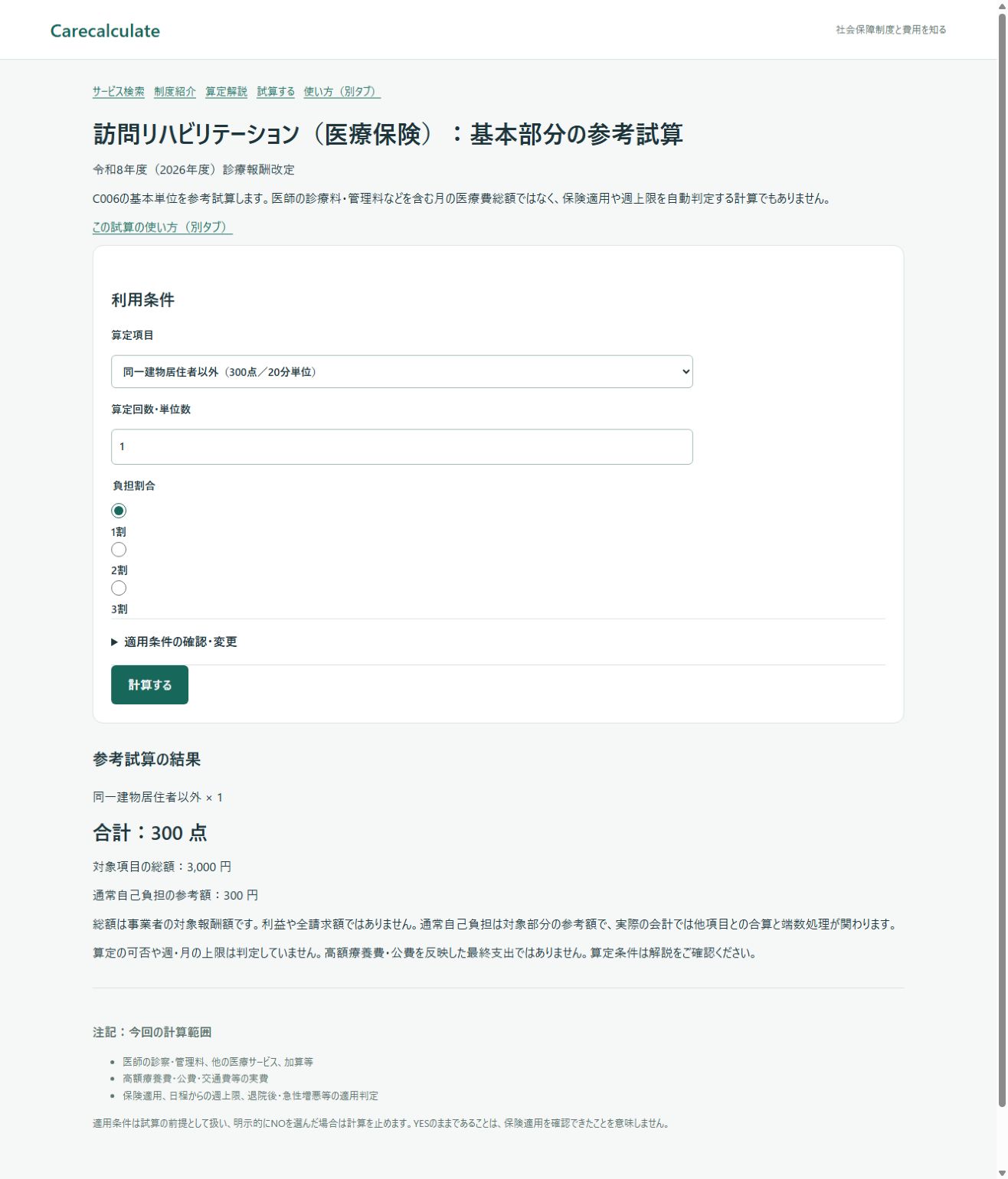訪問リハビリテーション（医療保険）：基本部分の参考試算：計算結果